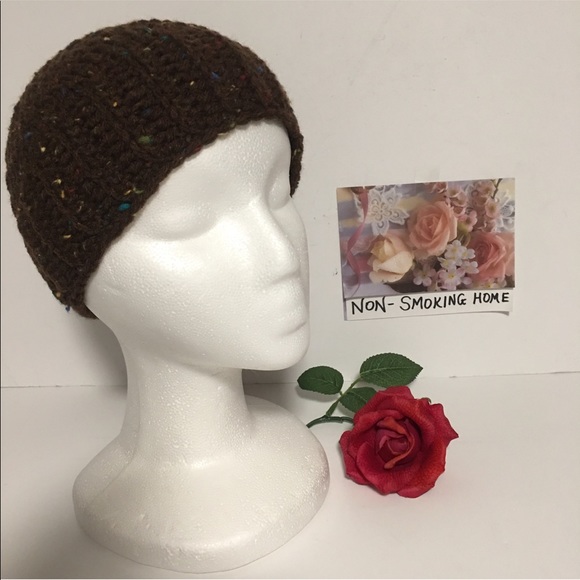 PONYTAIL TOBOGGAN BEANIE BROWN SPECKLED & GREEN HEADBAND HANDMADE - Picture 2 of 7